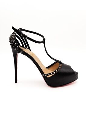 Christian Louboutin Black Leather Spiked Ankle T-Strap Peep Toe Heels EU 37.5